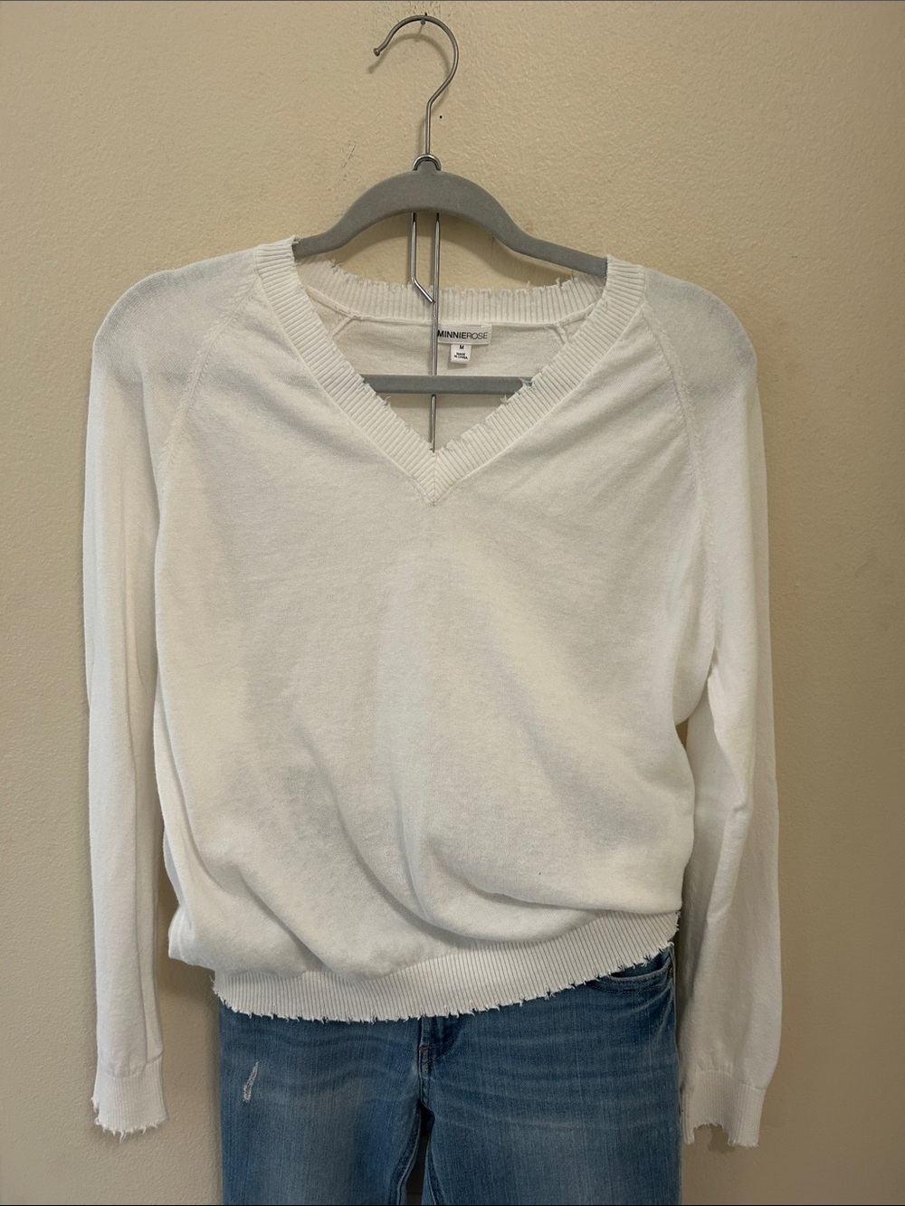 Minnie Rose cotton cashmere Frayed edge V-neck